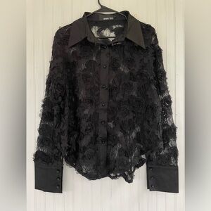 Nevada Love Women's Sheer Lace Floral Oversized Long Sleeve Blouse Top SMALL